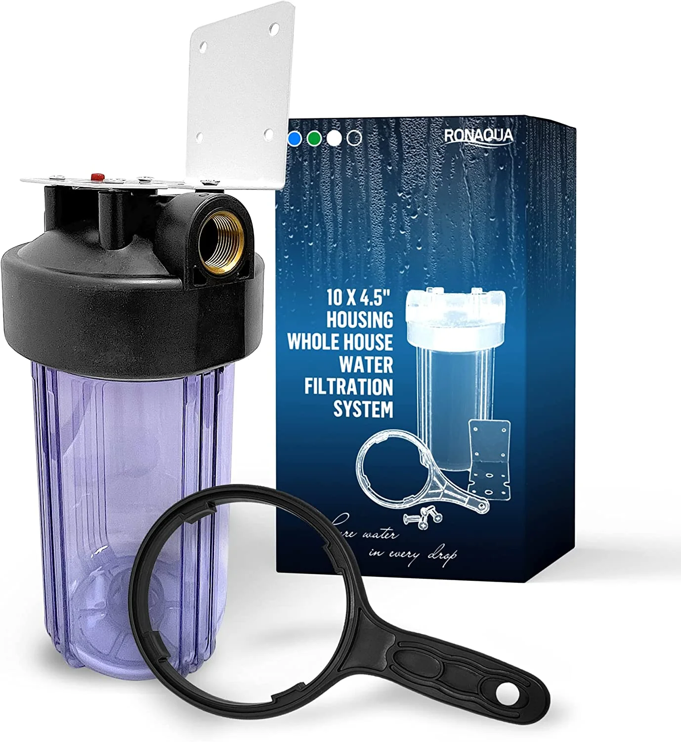 High Capacity 10 x 4.5” Whole House Filter Purifier System for Well or City Water, Presser Relief Button, 1” NPT Brass Port, Double O-ring, Meets NSF Standards & Regulations (Transparent, 1 Set)