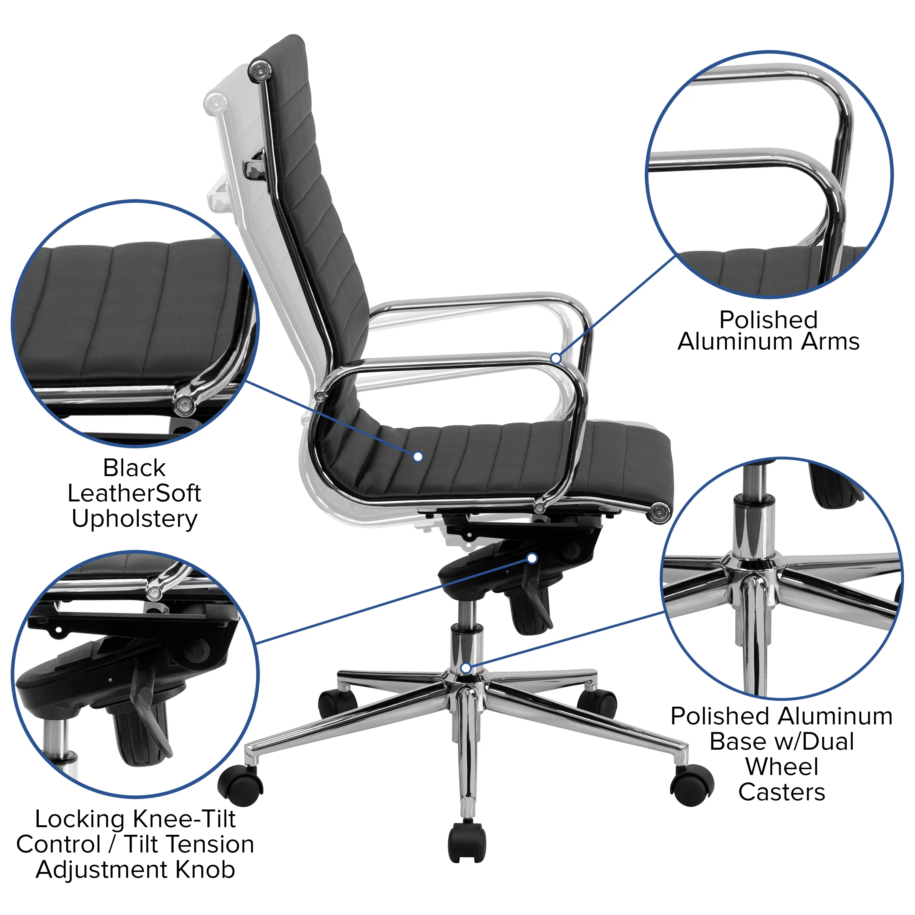 Flash Furniture High Back Black Ribbed LeatherSoft Executive Swivel Office Chair with Knee-Tilt Control and Arms