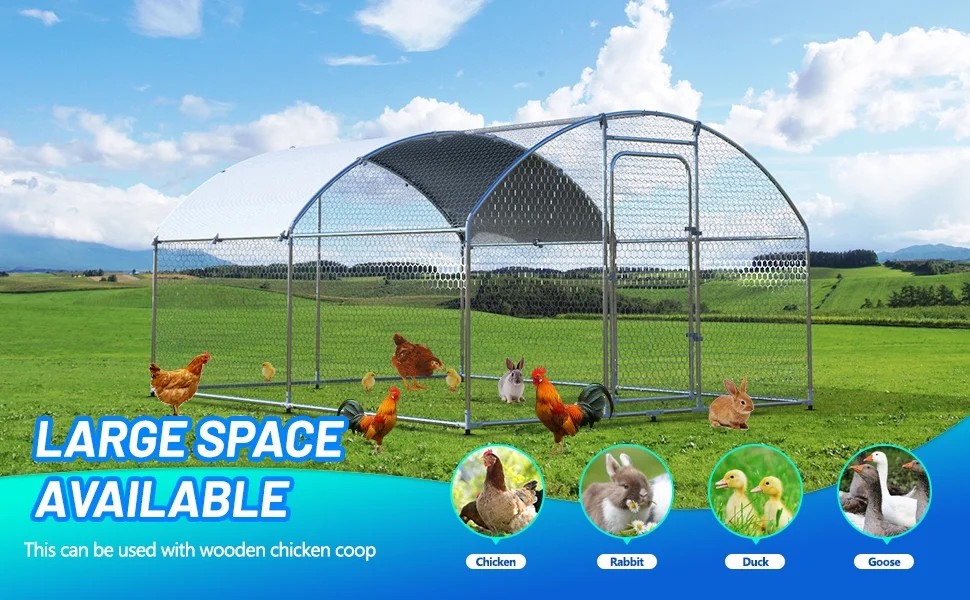DremFaryoyo Metal Large  Coop Walk-in Poultry Cage Large  Run Arc Shaped Cage with Waterproof Anti-UltravioletCover  1.” Diameter Tube (9.8‘ L x 13.1‘ W x 6.4‘ H)