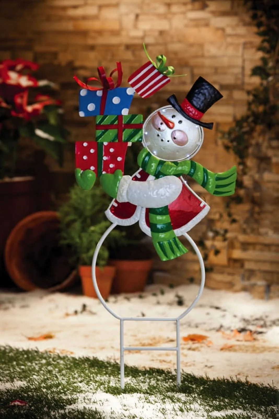 Gift Giving Snowman Solar Garden Stake