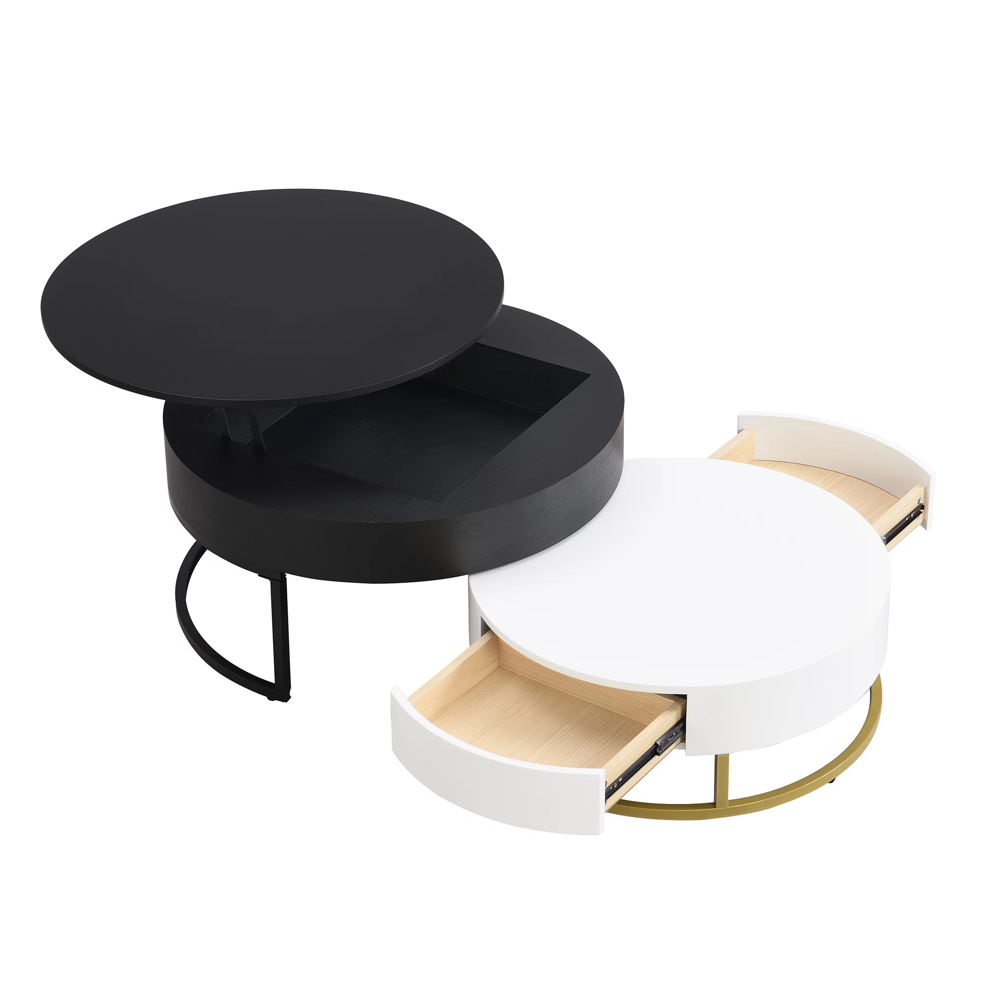Homiyad Modern Round Lift-Top Nesting Coffee Tables with 2 Drawers White & Black