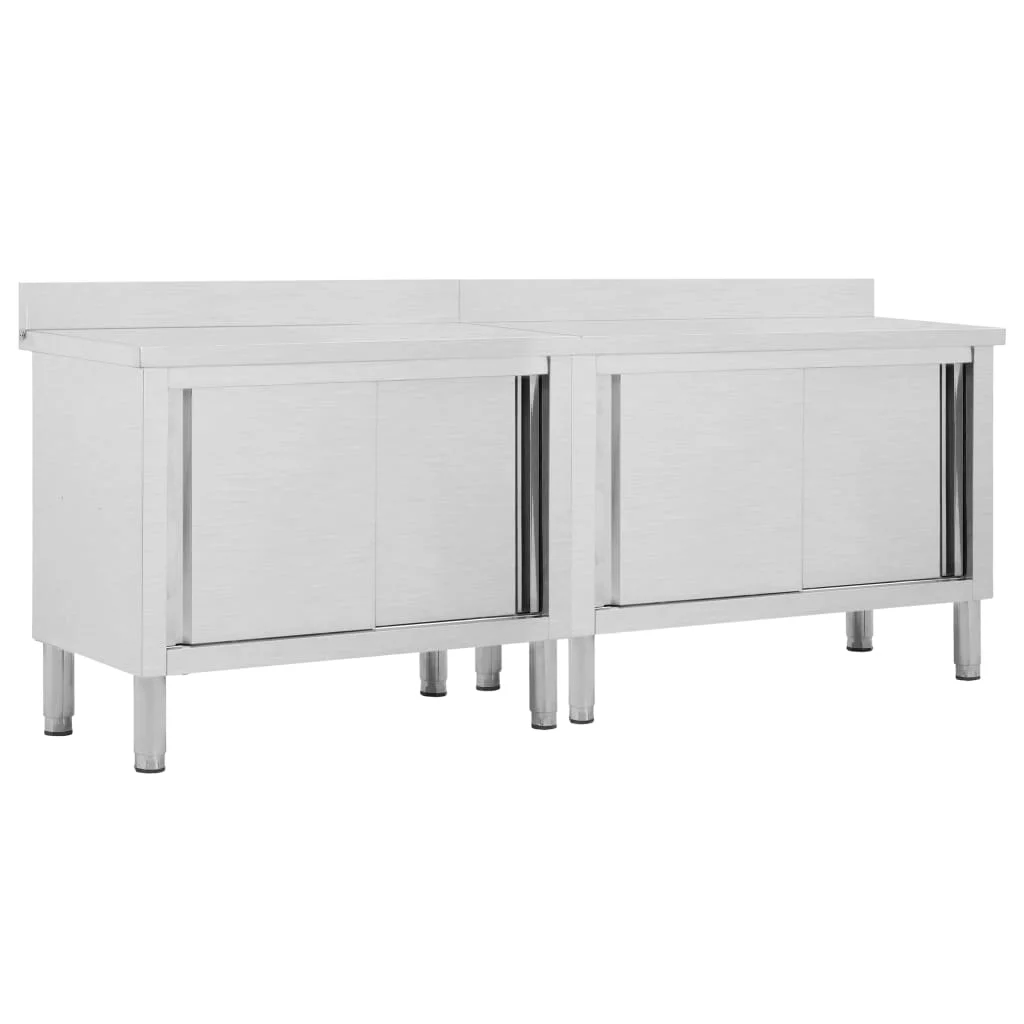 Product Title: 2-Piece Stainless Steel Work Tables with Sliding Doors (94.5 x 19.7) - Adjustable Height (37.4-38.2) - Commercial Kitchen Equipment