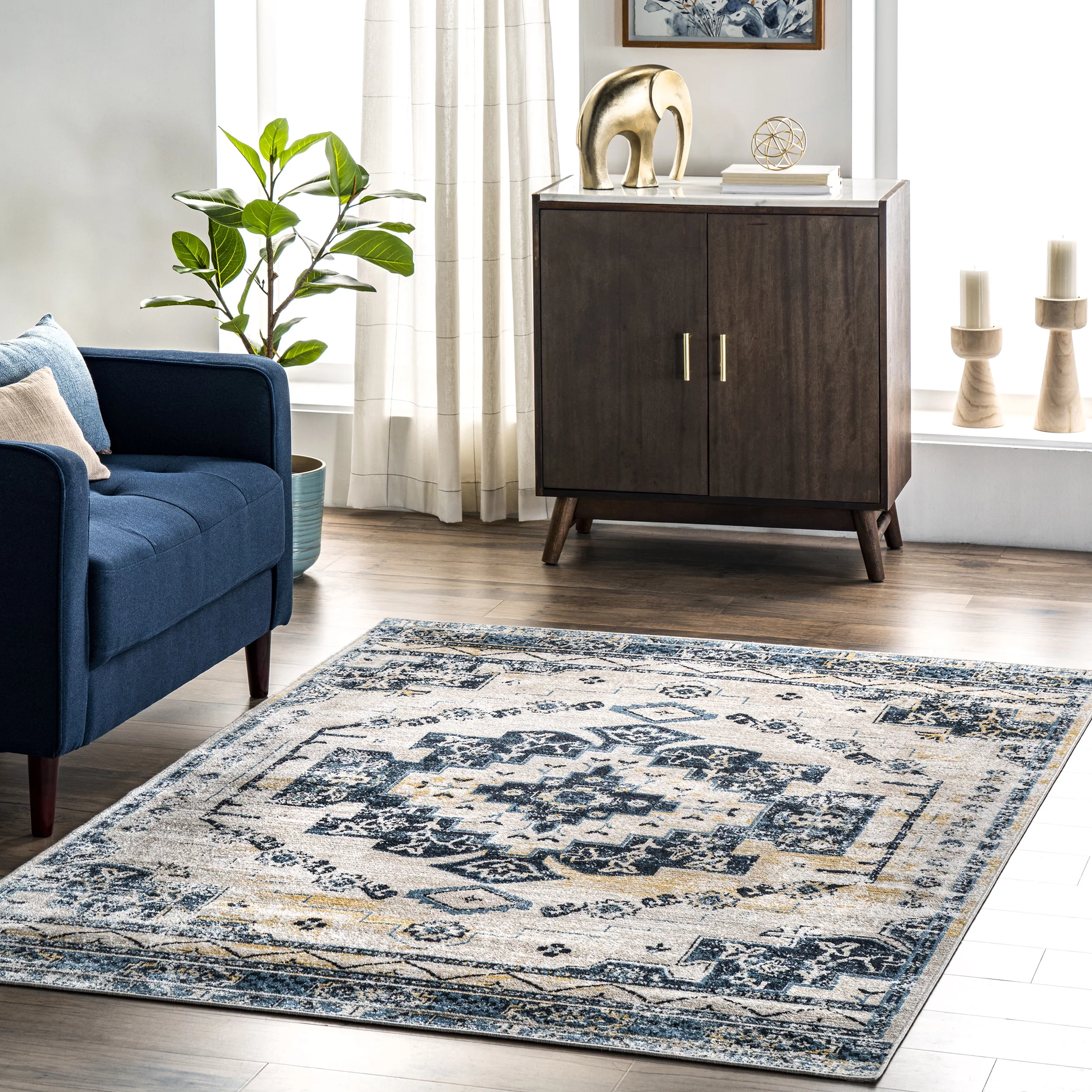 nuLOOM Sonya Machine Washable Vintage Medallion Area Rug, 8' x 10', Blue