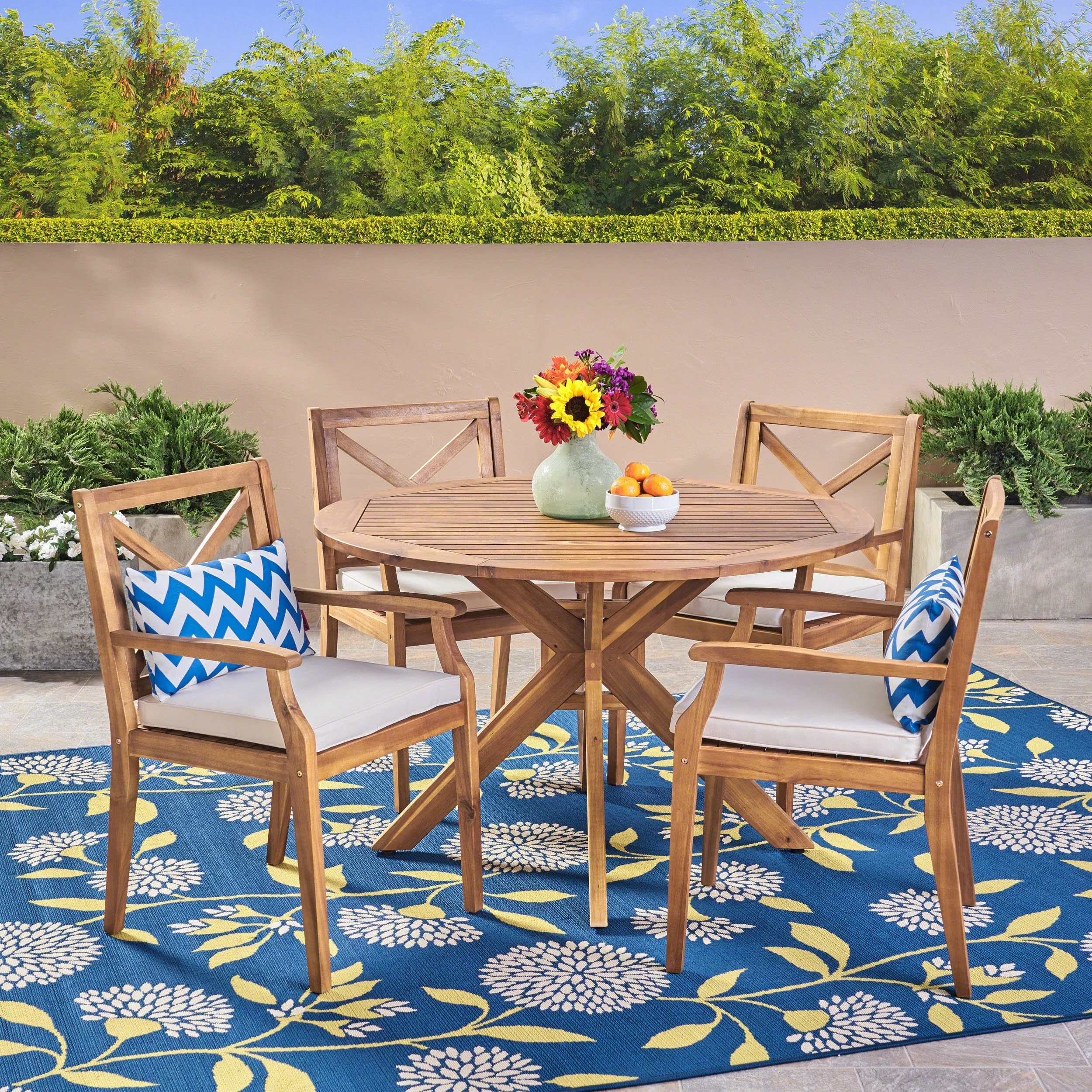 GDF Studio Geelong Outdoor Acacia Wood 5 Piece Dining Set with Cushion, Teak and Cream