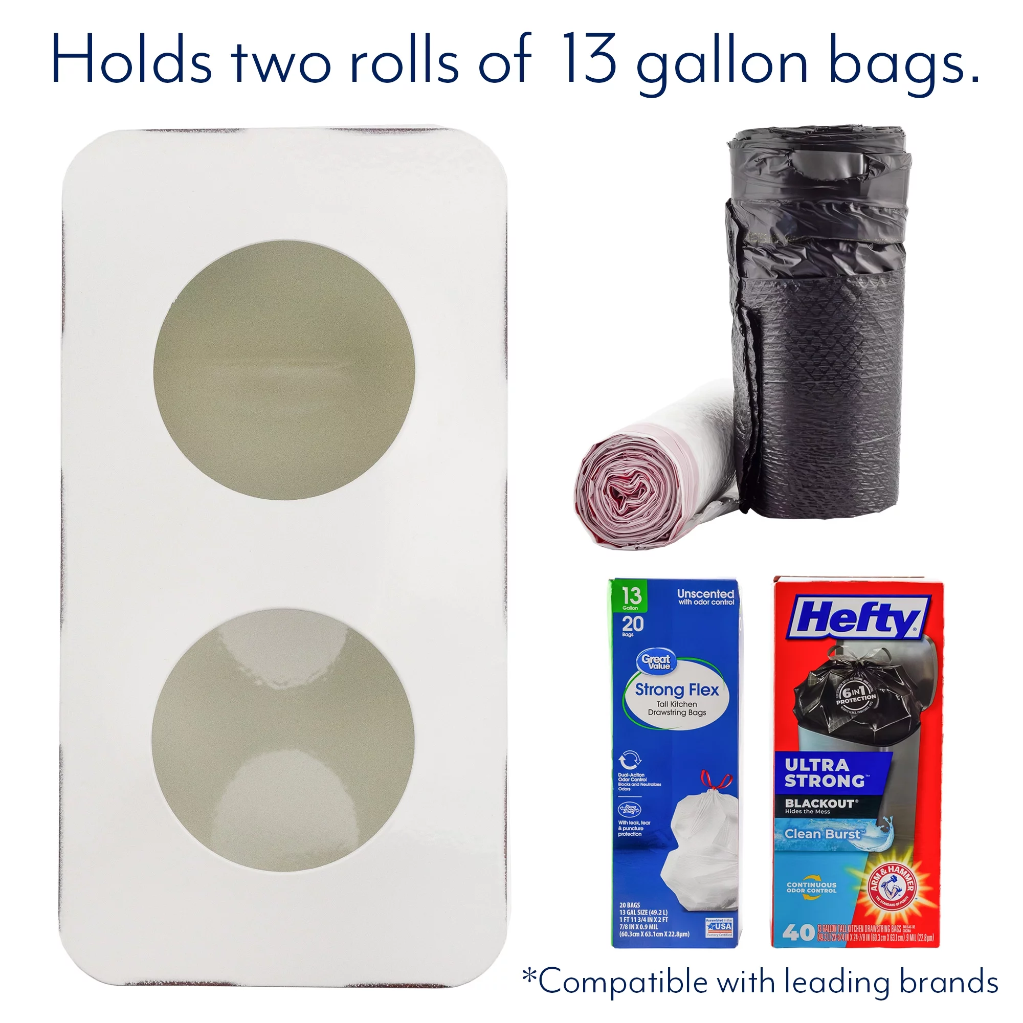 AuldHome Farmhouse Trash Bag Holder (White); Rustic Enamelware Garbage Bag Dispenser