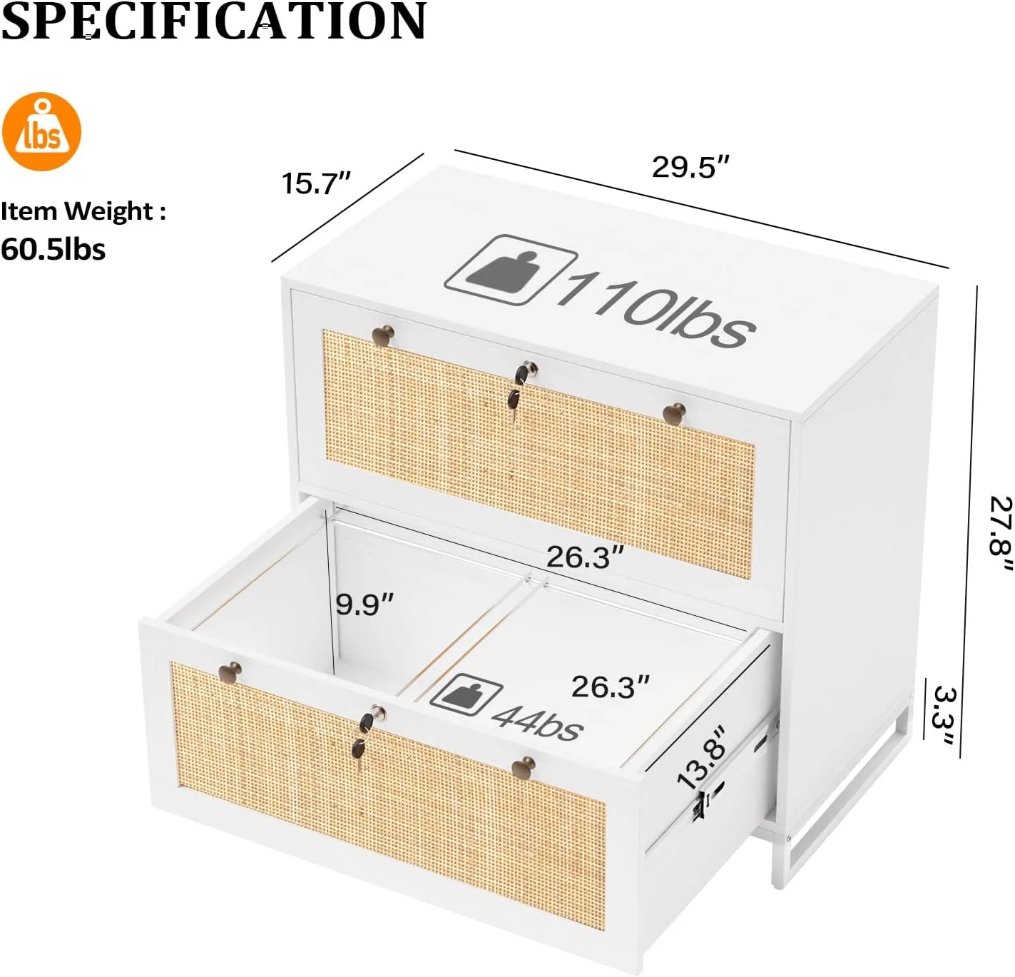 U-ToBe White & Natural Rattan 2 Drawer Lateral File Cabinet with Lock, Wood Locking File Cabinets for Home Office, File Cabinet Printer Stand for Hanging Letter/Legal Size Folders, 30W x 16D x 28H