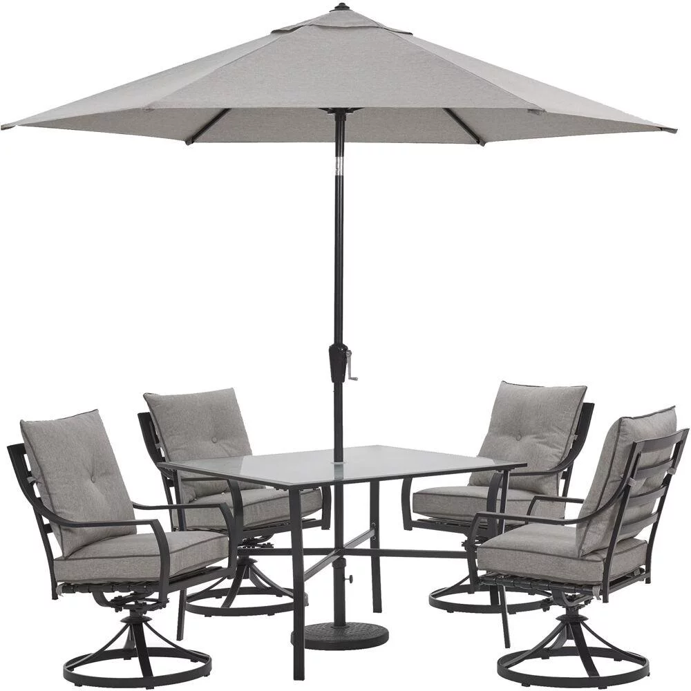 Hanover Lavallette 5-Piece Dining Set in Silver Linings with 4 Swivel Rockers, 42-In. Square Glass-Top Table, Umbrella, and Base, LAVDN5PCSW-SLV-SU