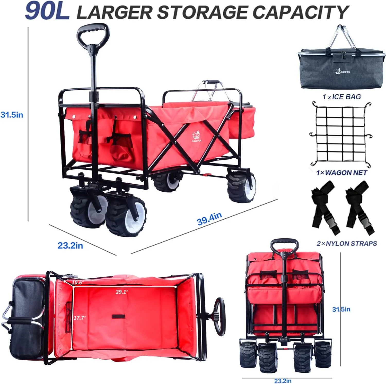 Camping Wagon,Kepeak Collapsible Wagon Heavy Duty Folding Wagon Cart with Removable Canopy,Utility Carts with Cooler Bag for Outdoor Garden,Red