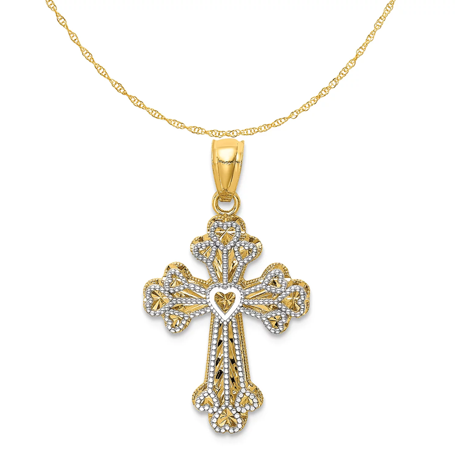 14K Two-Tone Gold Polished Filigree 2 Level Heart Cross Pendant (30 mm x 15 mm) With 10K Yellow Gold Lightweight Rope Chain 20