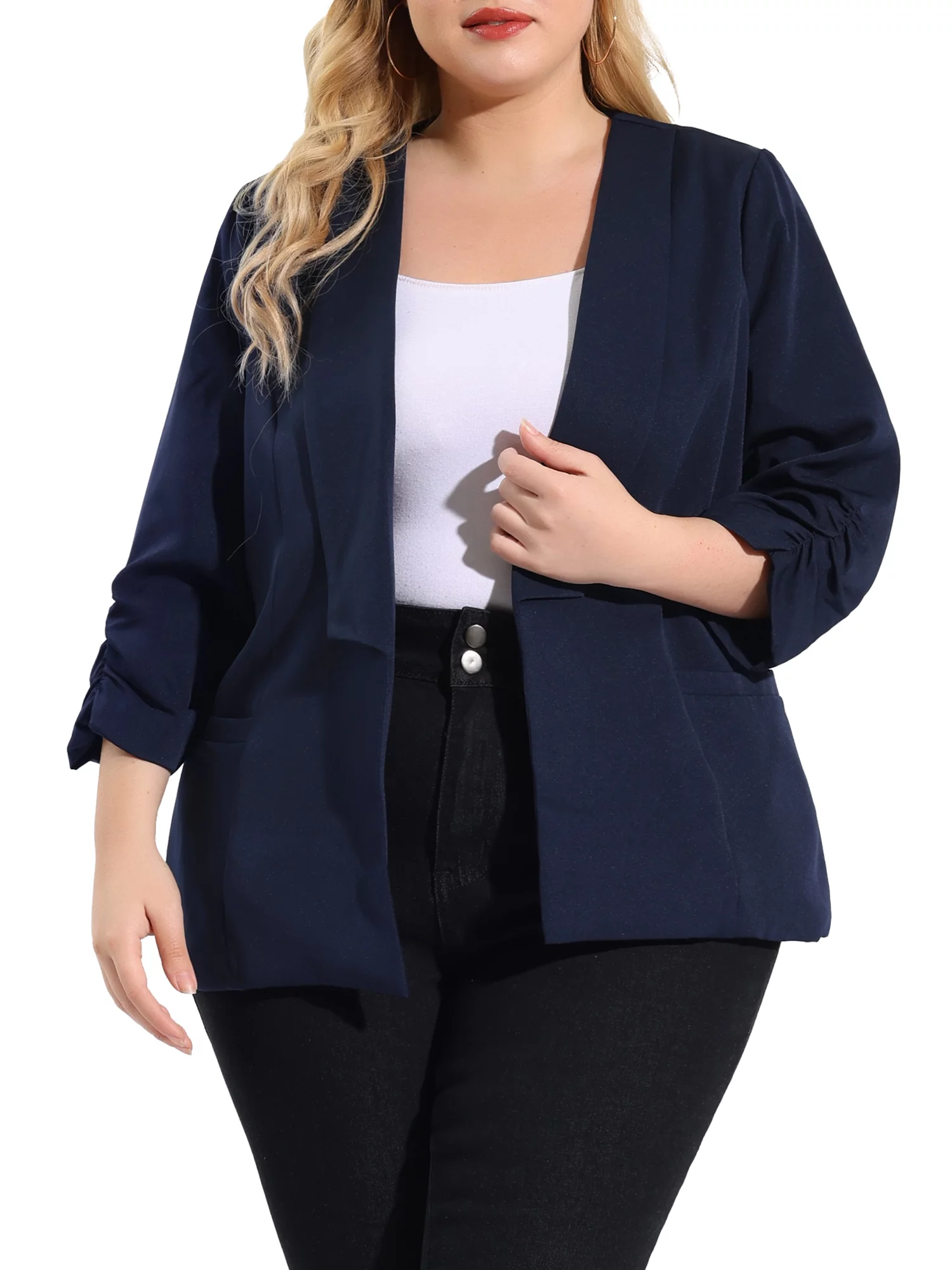 Unique Bargains Women's Plus Size Cardigan 3/4 Sleeves Shawl Collar Ruched Cuffs Blazer