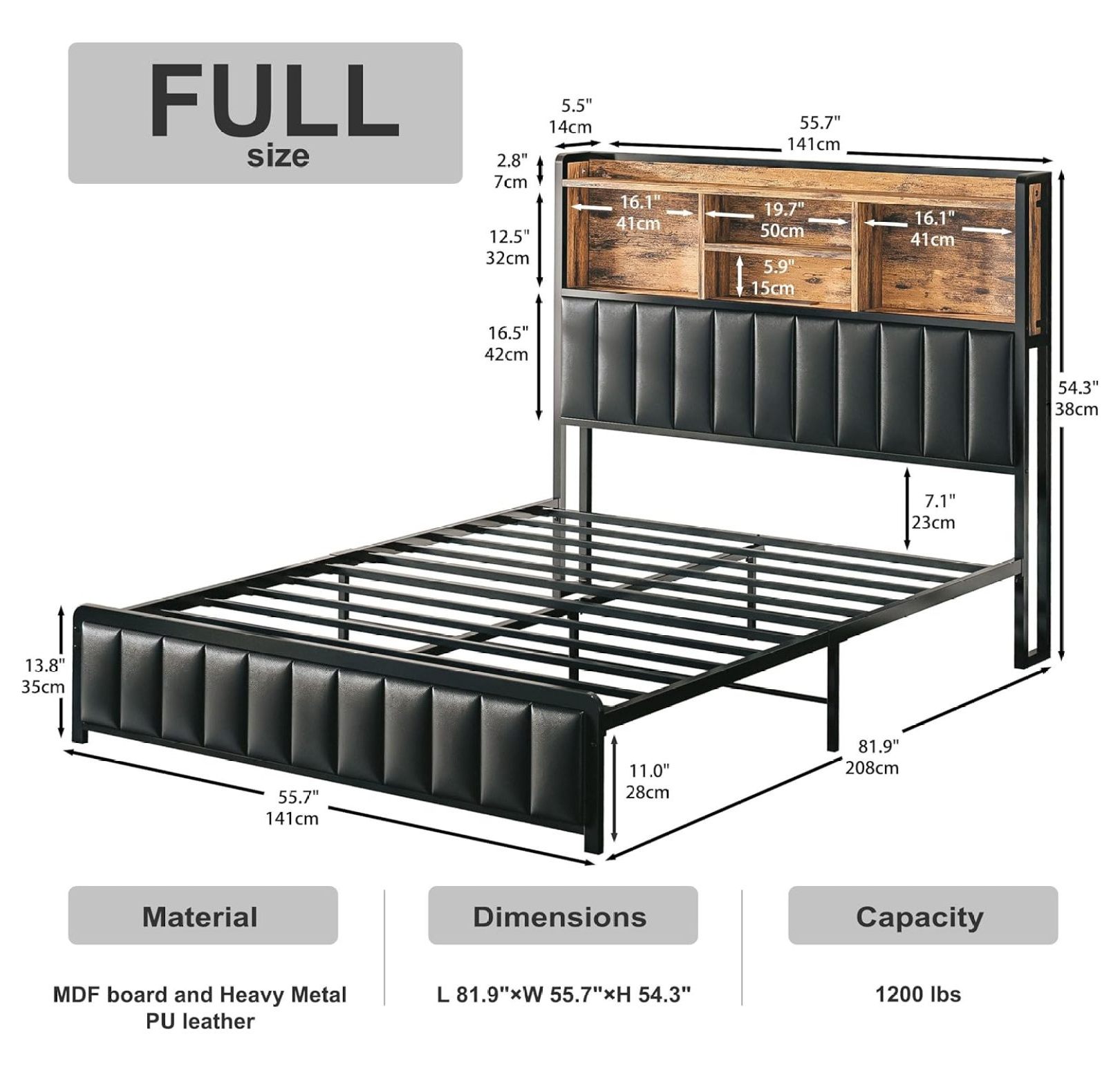 Full Size Bed Frame with Upholstered Headboard and LED Light, Strong Platform Bed with Charging Station,No Box Spring Needed