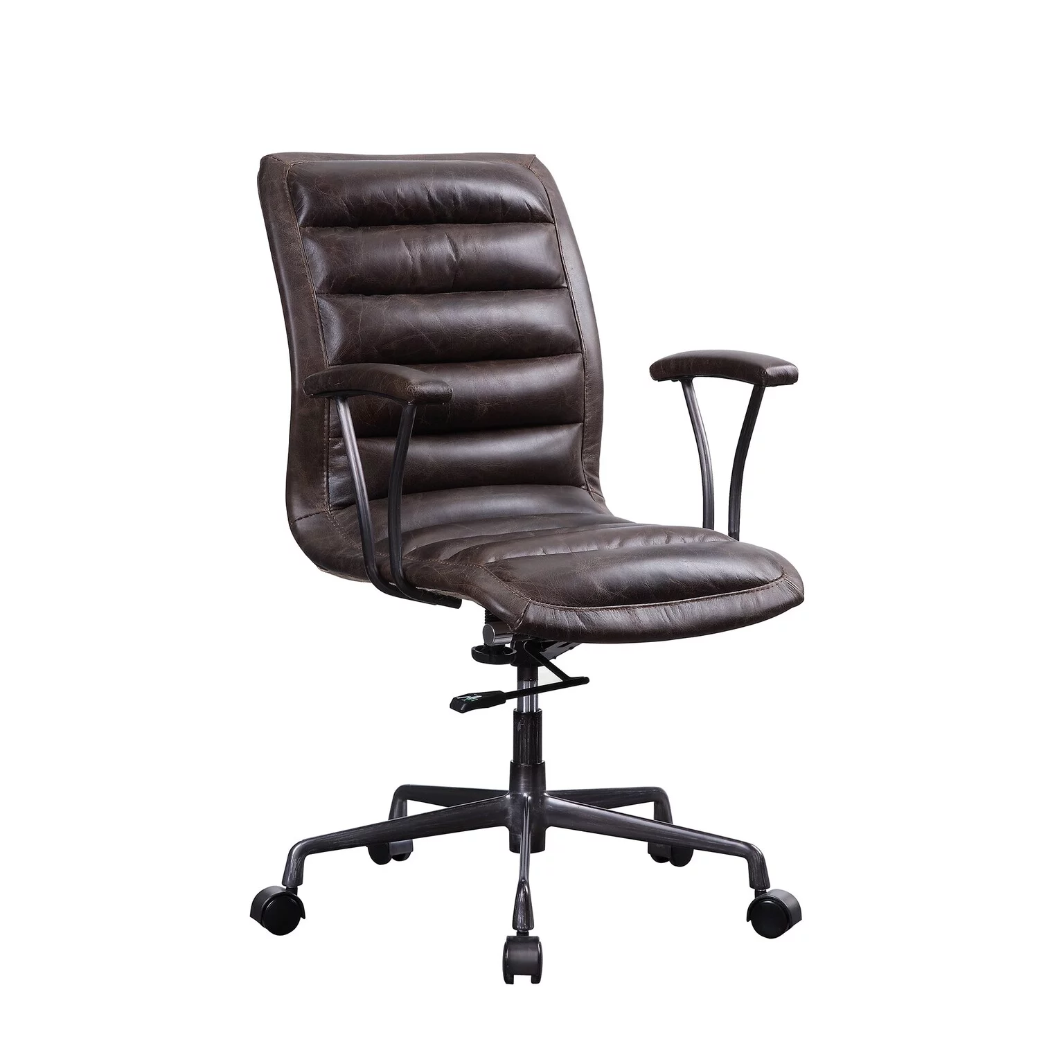 Benzara Tufted Leatherette Office Chair with Adjustable Metal Base and Padded Armrest, Brown and Gray