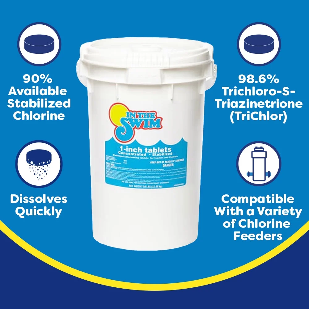 In The Swim 1 Inch Stabilized Chlorine Tablets for Sanitizing Swimming Pools - Fast Dissolving - 90% Available Chlorine - Tri-Chlor - 50 Pounds U001050050AE