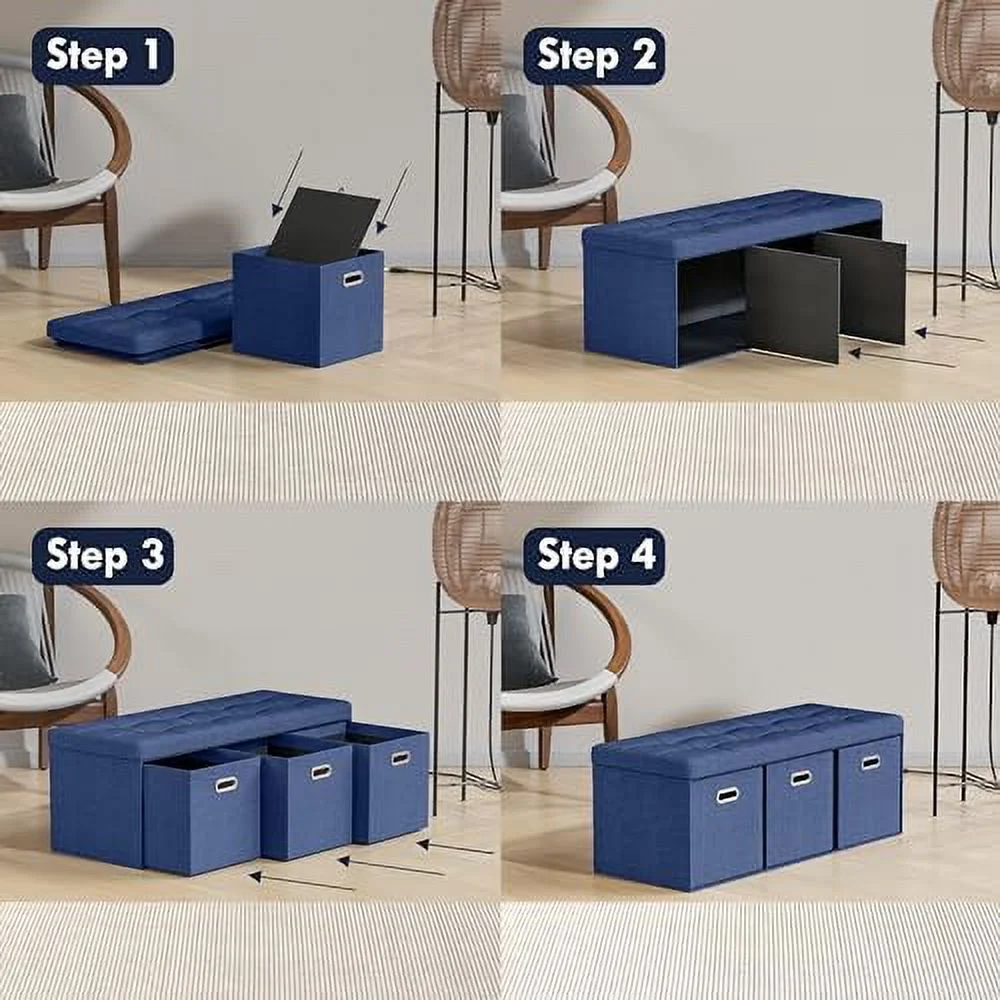 ZFGSUIJN Foldable Tufted Linen Large Long Bench  Ottoman Foot  Stool Seat with 3 Drawer Cubes - 15" x 40" x 15"  Navy Blue