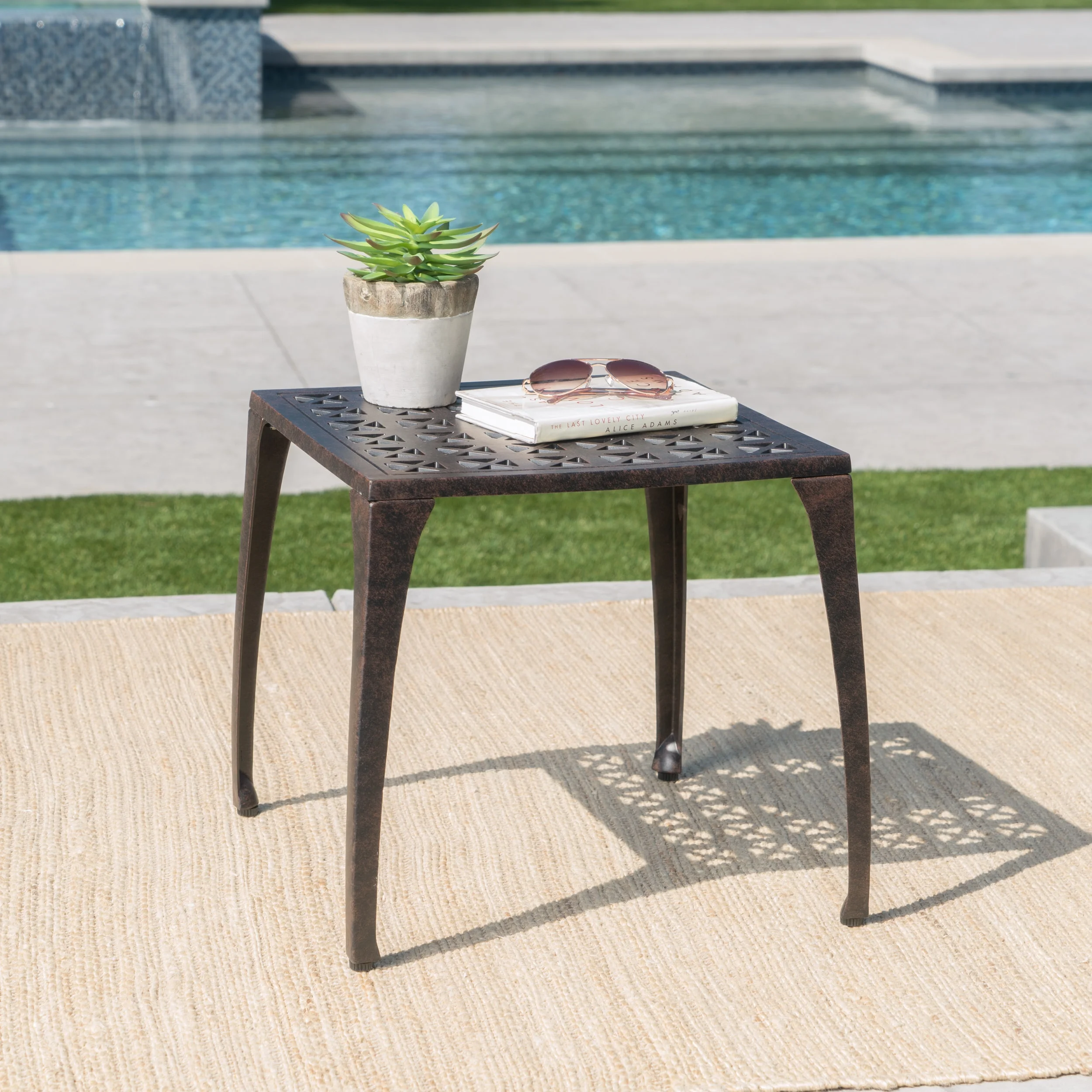 Small Square Outdoor Patio Table, All Weather Metal Outdoor Dining Table for Lawn Garden, 18.25