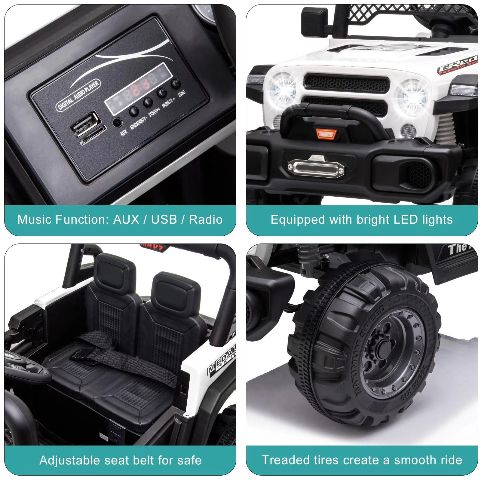 UBesGoo 12V Kids Battery Powered Electric Truck Ride-On Car with RC, Headlights, Music - White