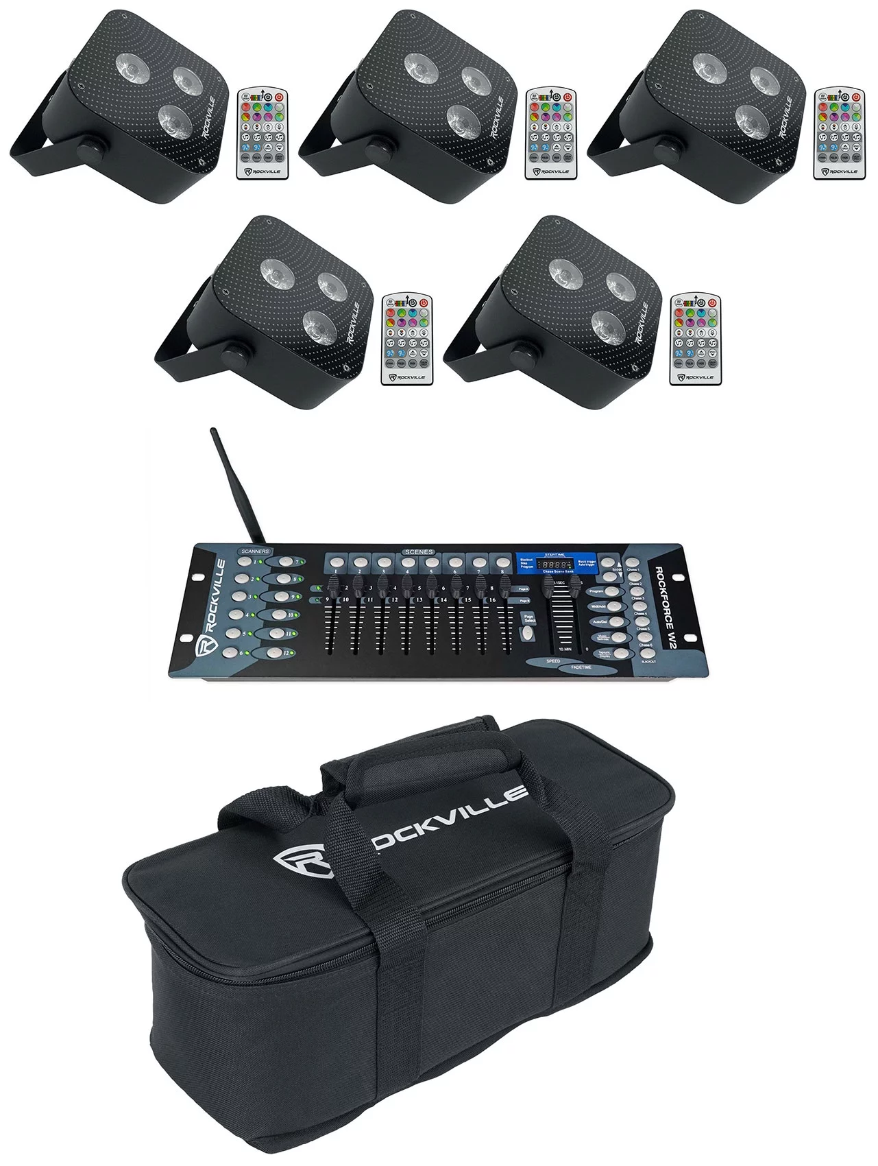 5) Rockville MINI RF3 Black RGBWA+UV DJ/Party LED Wash Lights+DMX Controller+Bag