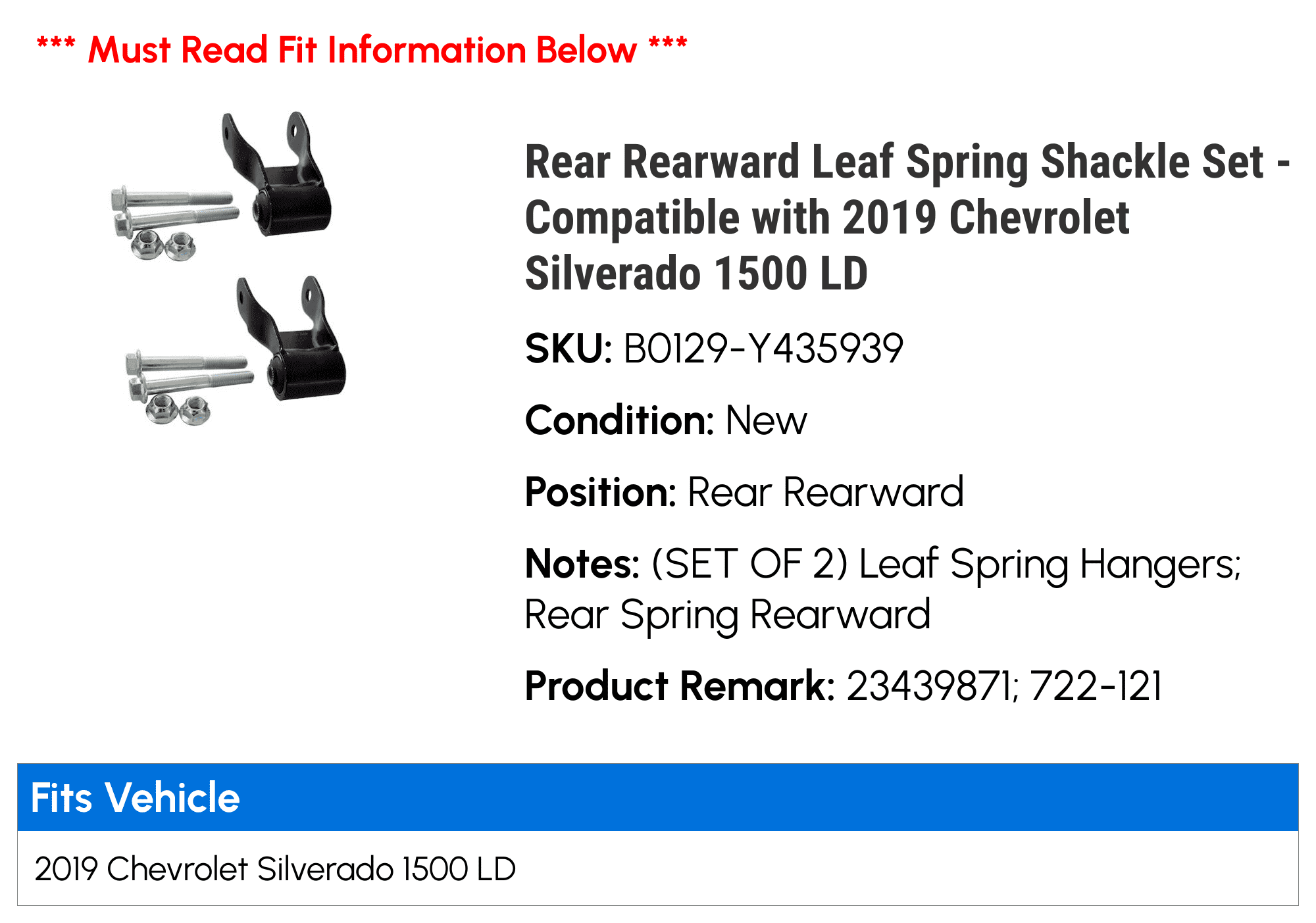 Rear Rearward Leaf Spring Shackle Set - Compatible with 2019 Chevy Silverado 1500 LD