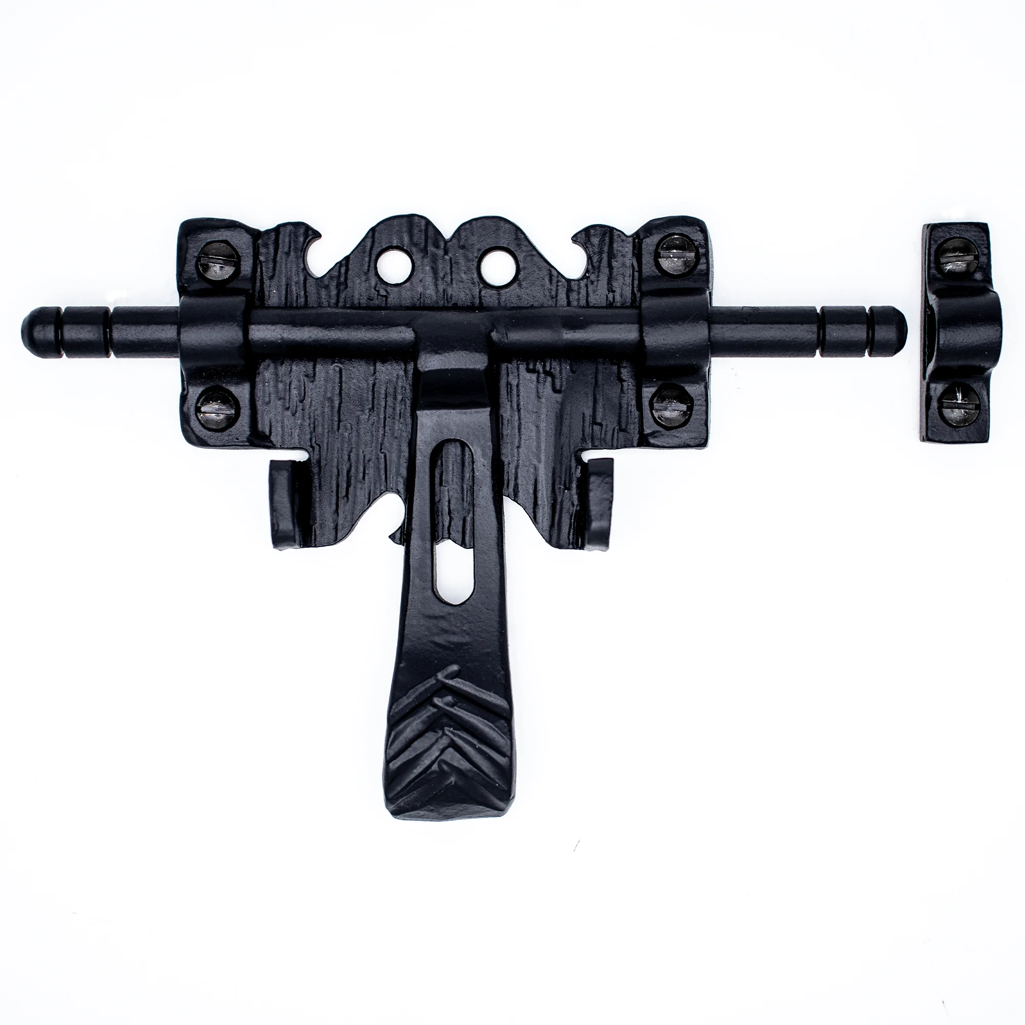 6.75 inch Decorative Bolt Latch- Black - Small Latch - Gate Hardware Wrought Iron Decorative Hardware Hook Latch Attic Door Latch - The Hacienda Series by Borderland Rustic Hardware