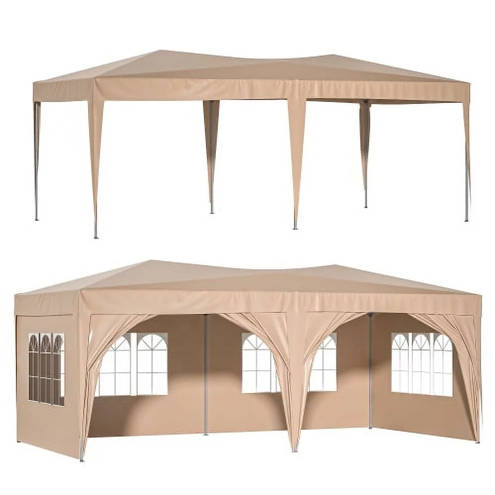 Qulable 10'x20' EZ Pop Up Canopy Outdoor Portable Party Folding Tent with 6 Removable Sidewalls + Carry Bag + 6pcs Weight Bag Beige