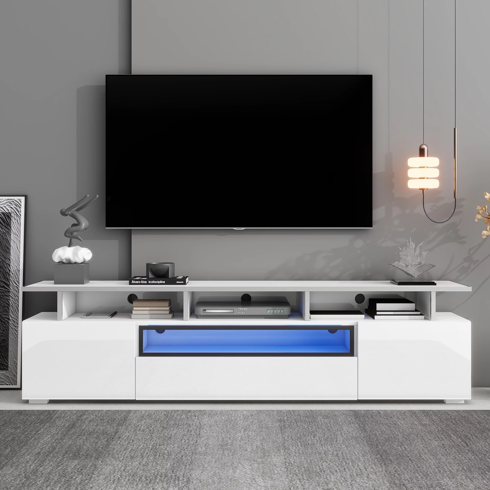 Churanty Modern TV Stand for 80 inch TV, Lighted TV Stand with Shelves, High Gloss Entertainment Center with Push to Open Doors,White