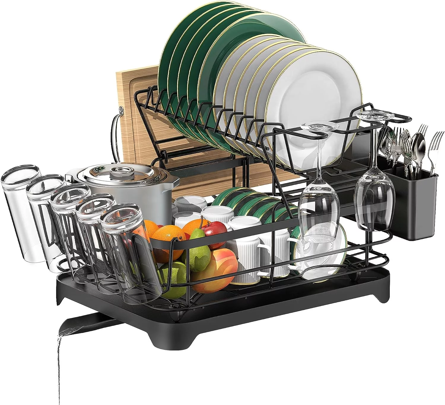 Rottogoon Large Dish Drying Rack, 2-Tier Stainless Steel for Kitchen Counter, Durable Dish Drainer with Drainboard, Utensil/ Cup/ Wine Glass/Cutting Board Holder, Black