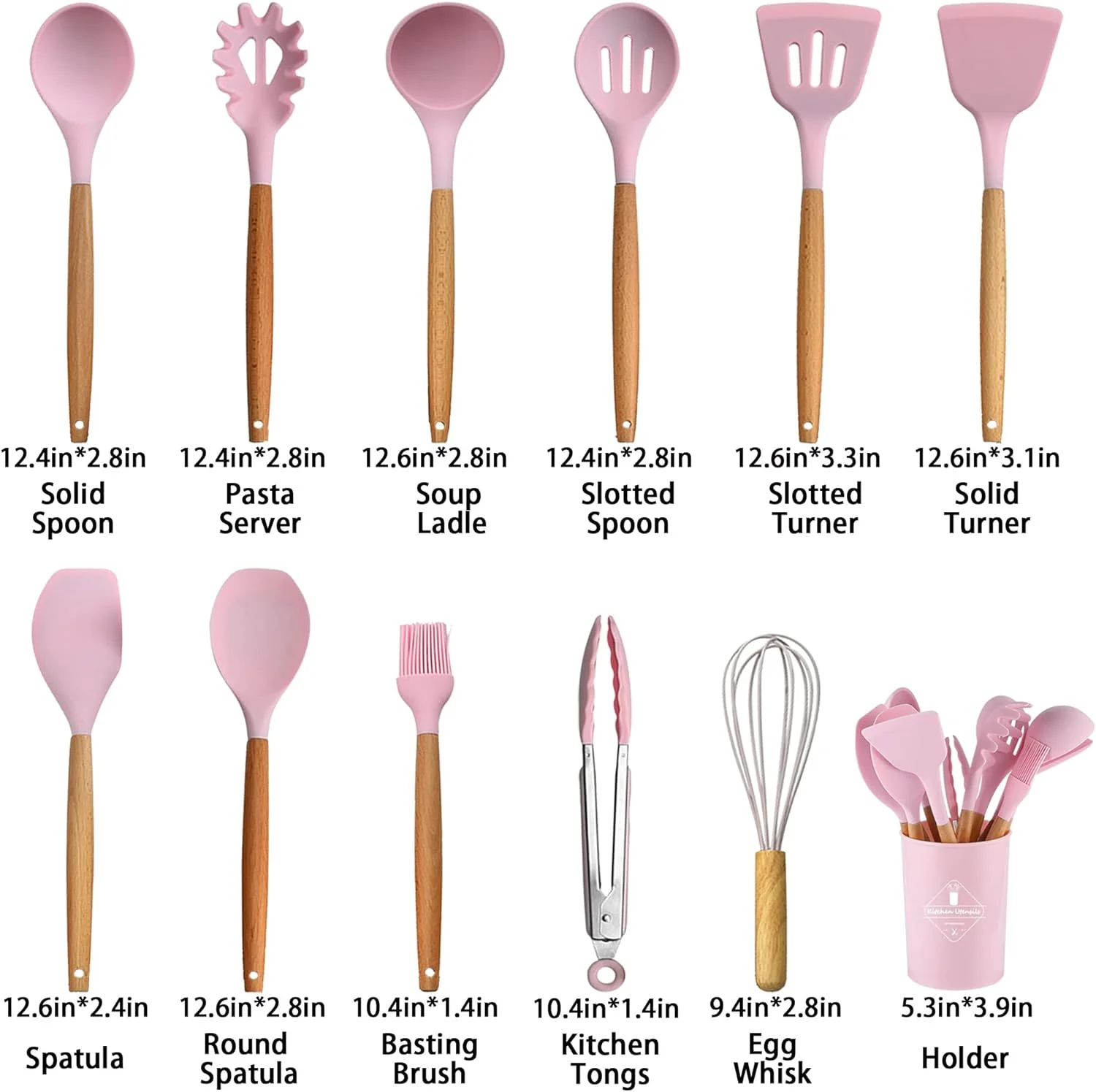 12Pcs Silicone Kitchen Utensils Set, Non-stick Cookware, Heat-resistant, BPA-free, Stirring Kitchen Tool Set (Pink)
