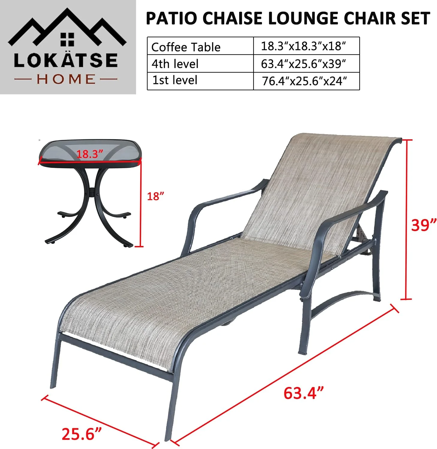 3 Pieces Outdoor Chaise Lounge Set Patio Pool Chairs Adjustable Back Steel Teslin With Coffee Table, Grey
