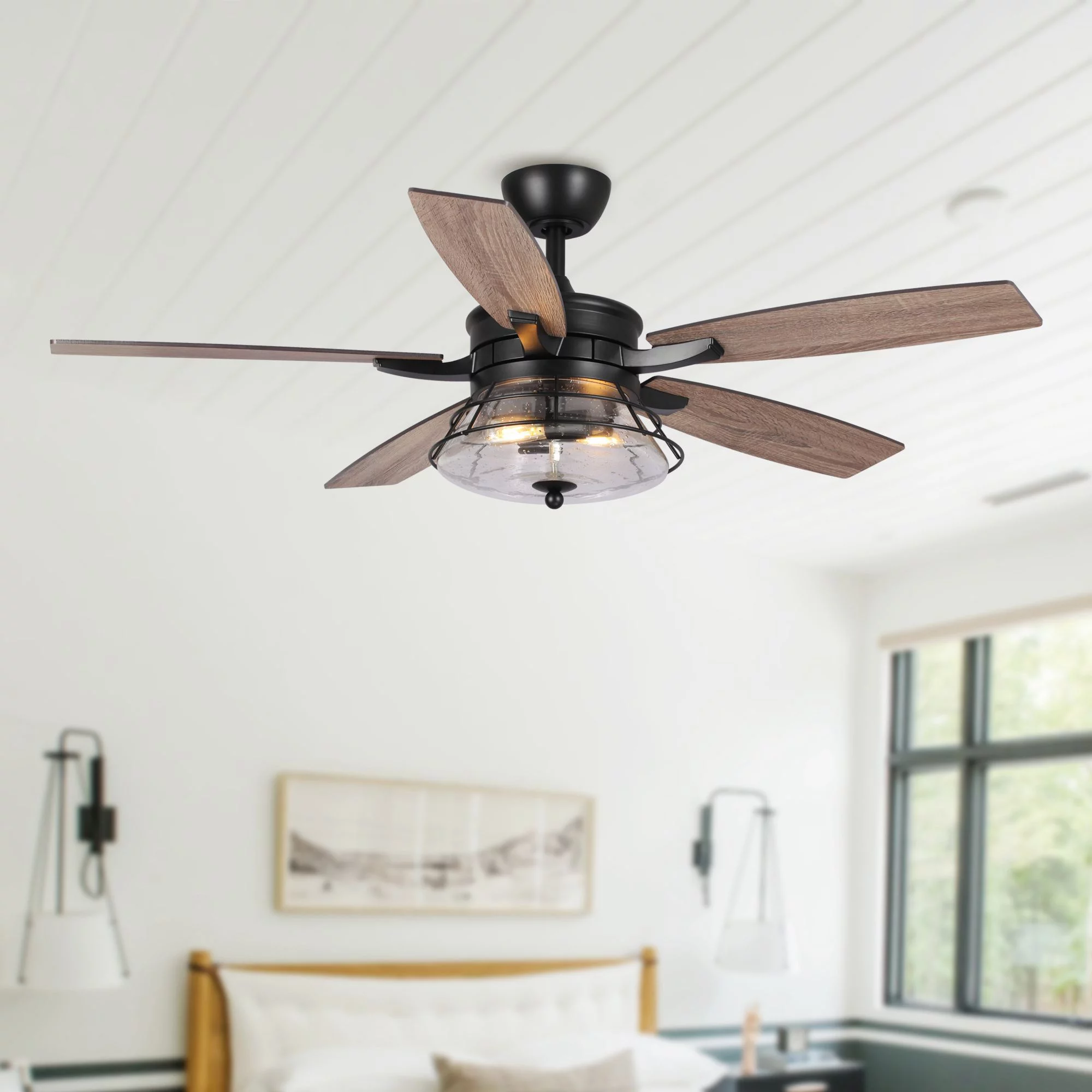 Ceiling Fan with Lights Rustic Ceiling Fan with Remote Control 5 Reversible Blades 52 inch, Black
