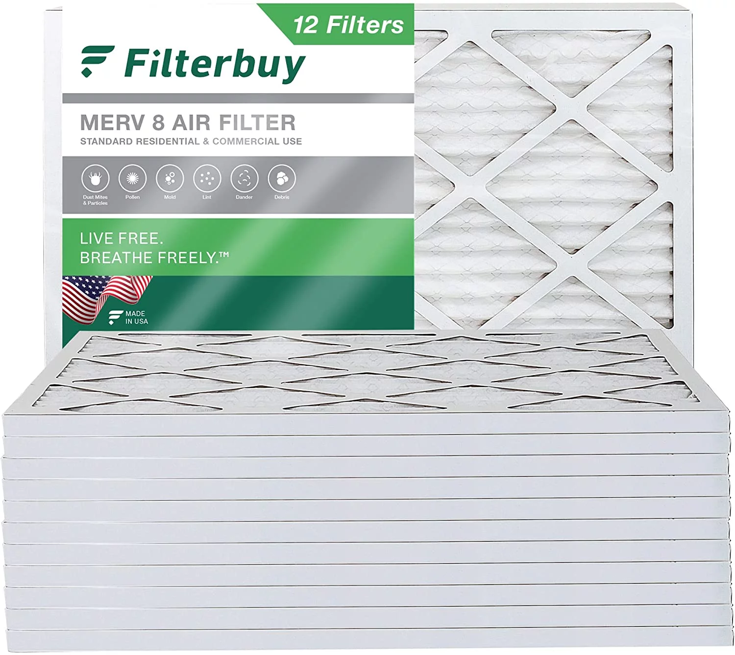 Filterbuy 16.38x21.5x1 MERV 8 Pleated HVAC AC Furnace Air Filters (12-Pack)