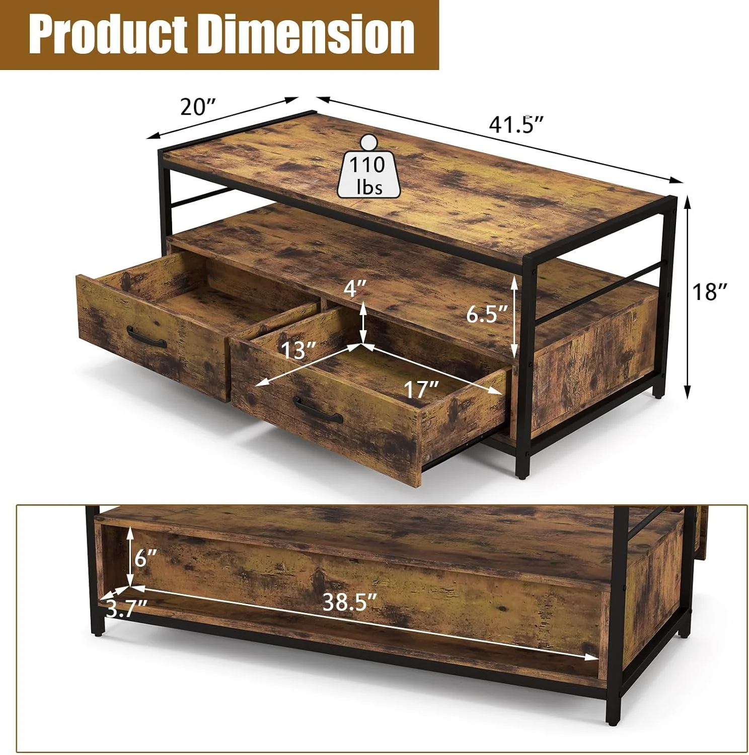 ZFGSUIJN Industrial Wood Coffee Table - Living Room Rectangular Center Table w/ 2 Drawers & Open   Accent Sofa Console Table w/Sturdy Metal Frame & Wooden Top  Rustic Brown