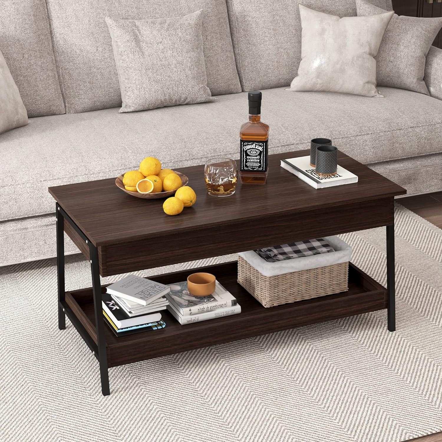 TQJKLFDY Lift Top Coffee Table with  Shelves and Hidden Compartment for Living Room Office  Minimalist  Center Table with Rustic Wood Lift Tabletop  Pop-Up  and Metal Frame  Espresso