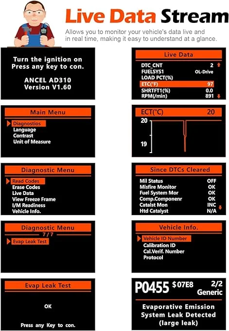 ANCEL HD601 with ANCEL AD310 Code Reader Full System Heavy Duty Truck Scanner