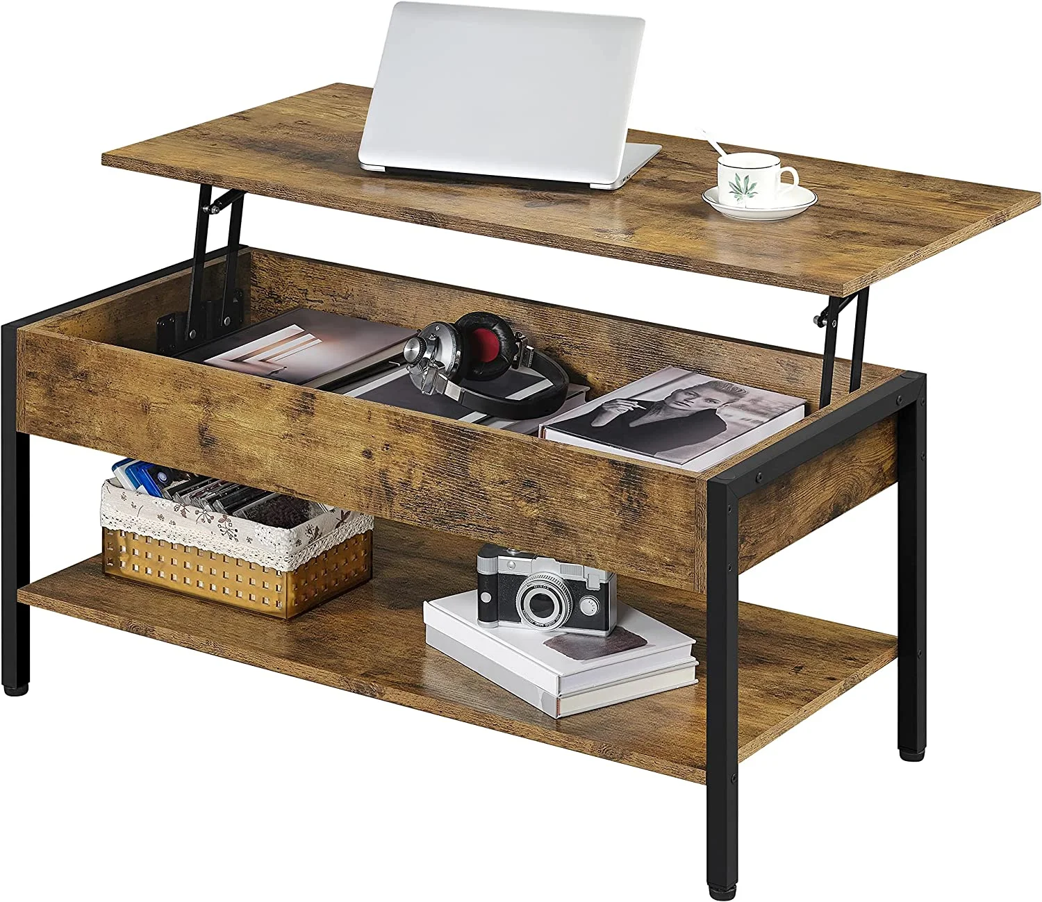 TQNJYGX Lift Top Coffee Table  41 in Coffee Table with Hidden  Compartment  Wooden Lift Up Central Table for Living Room  Reception Room  Industrial Style  Rustic Brown