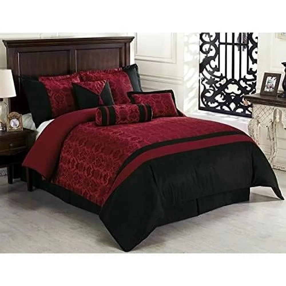 Dynasty Black Red Jacquard 7-Piece Comforter Set, King Size