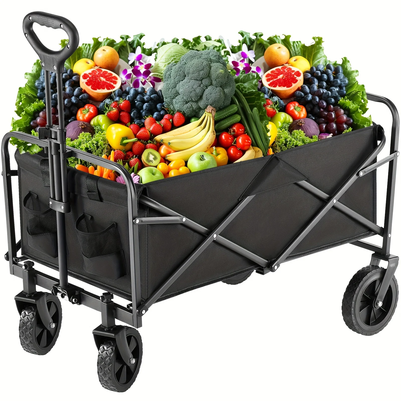 Wagons Carts Foldable with Cargo Net&Adjustable Handle,Foldable Collapsible Wagon 300 Lbs Capacity with Wheels & Drink Holders,Utility Folding Wagon Cart for Grocery,Garden,Beach,Camping.