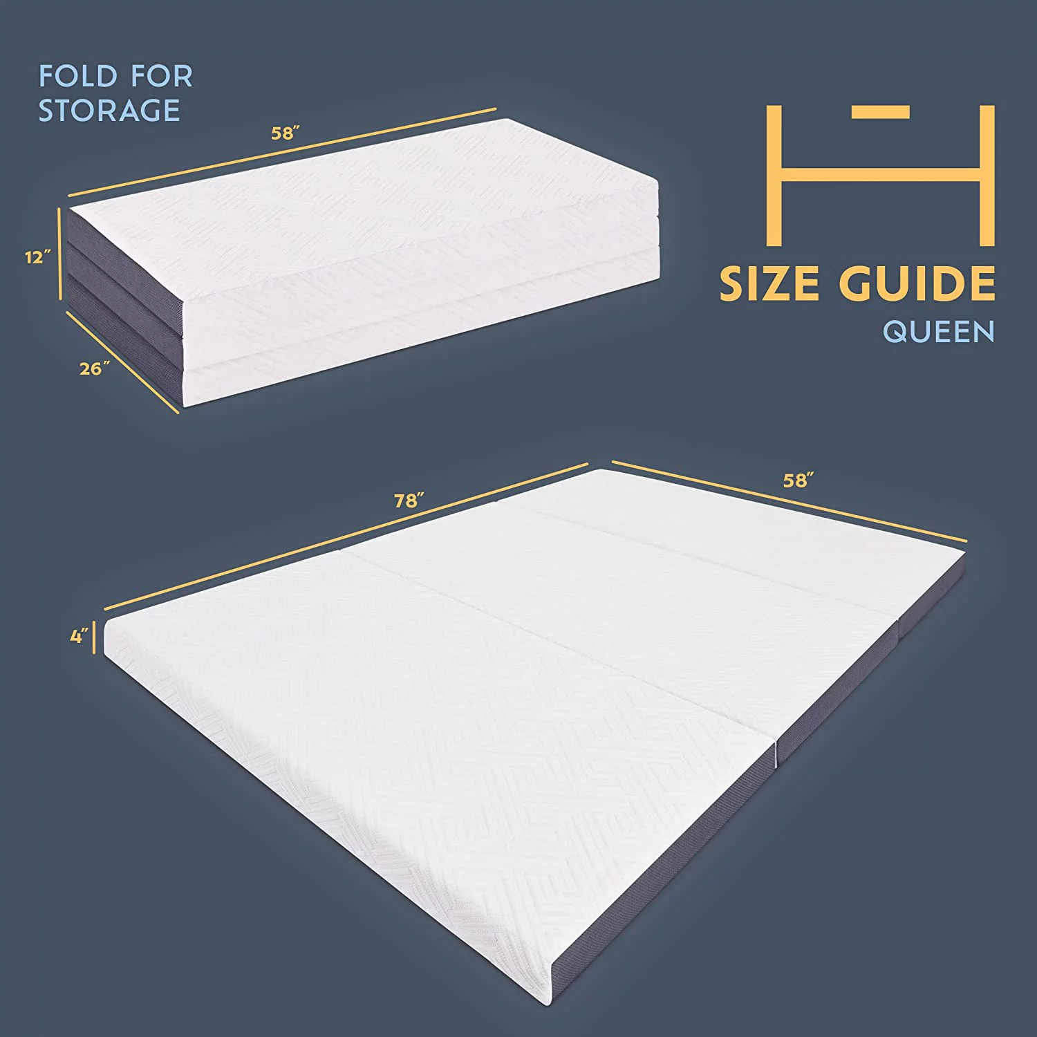 Premium 4” Memory Foam Trifold Mattress | Queen, Portable Space Saver, Medium-Firm, Certified | Washable Jacquard Ventilated Material | 73”L X 58”W X 4”H
