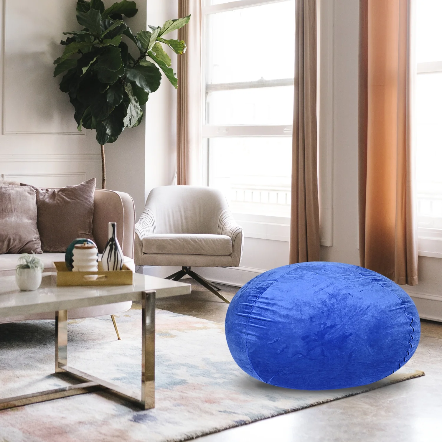 DremFaryoyo Velvet Bean Bag Chair  Blue-3ft Plush Floor Chair for  and Adults w/ Washable Cover  Lounge Chair with Stretchable Fabric  Comfy Bedroom Chair  Filled with Shredded and Memory