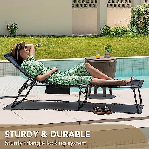 Devoko 4-Fold Padded Portable Folding Outdoor Chaise Lounge Heavy Duty Reclining Chair with Pillow & Side Pocket for Patio, Beach, Pool, Camping, Sunbathing (Blue)