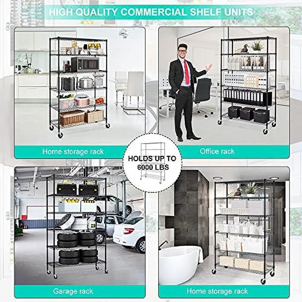 MQLIFEBOOM Metal Shelves Garage Shelving Wire Shelving Unit with Wheels  6000lbs Weight Capacity Heavy Duty NSF Height Adjustable  Shelves 6 Tier Steel Commercial Grade Wire Rack  Black