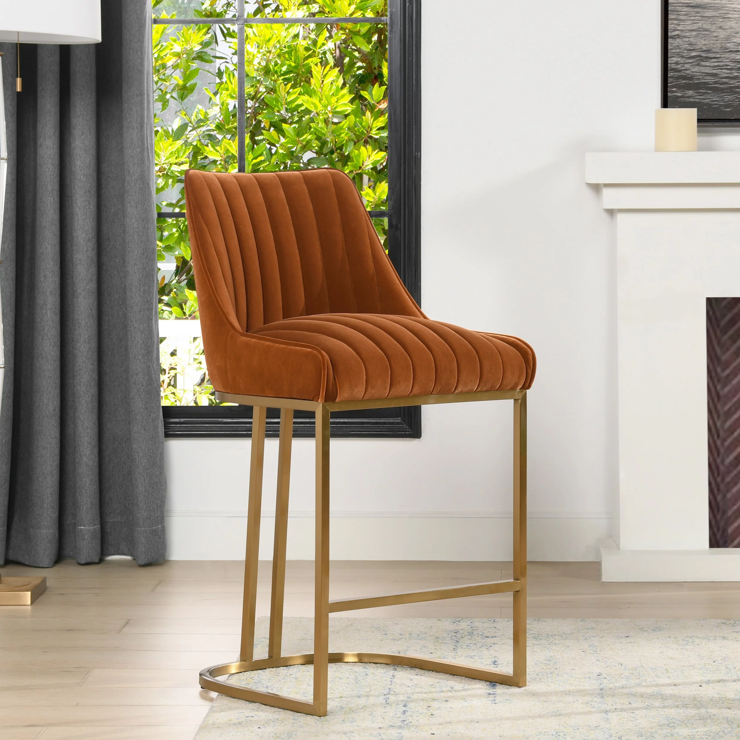 Jennifer Taylor Home Maddie Performance Velvet Upholstered Channel Tufted Counter Stool Burnt Orange - Velvet Single