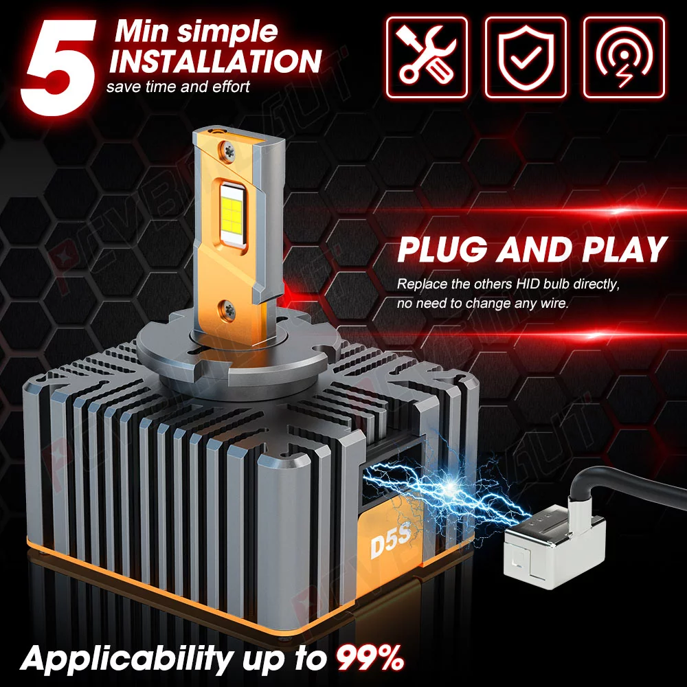 D5S D5R LED Headlight Kit Bulbs 180W 12000LM 6000K White LED Conversion Lamps 2PCS