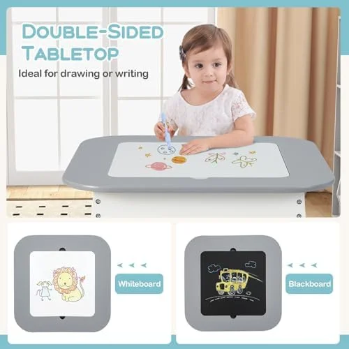 ZWNLKQG and Chair Set  3-in-1 Wooden Activity  with Removable Tabletop  Blackboard & Whiteboard   Space  Toddler  for Arts  Crafts  Nursery  Preschool (Gray)