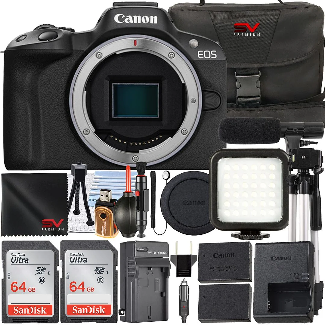 Canon EOS R50 Mirrorless Camera (Body Only) with 2 Pack SanDisk 64GB Memory Card + Case + LED Flash + SV Premium Accessory Bundle