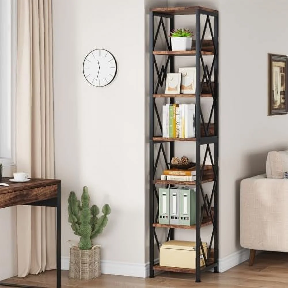 SQTRFCV 6-Tier Bookshelf  Shelves  75 Inches Tall Narrow Bookcase with Heavy Duty Metal Frame  Skinny Open  Display Rack for Living Room  Bedroom  Kitchen  Bathroom  Brown