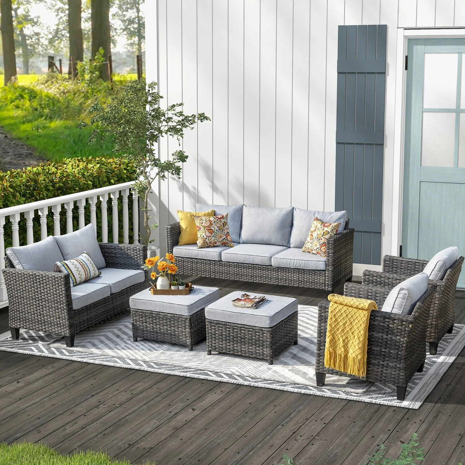 OVIOS  6-piece Patio Wicker Furniture Loveseat Conversation Set Grey