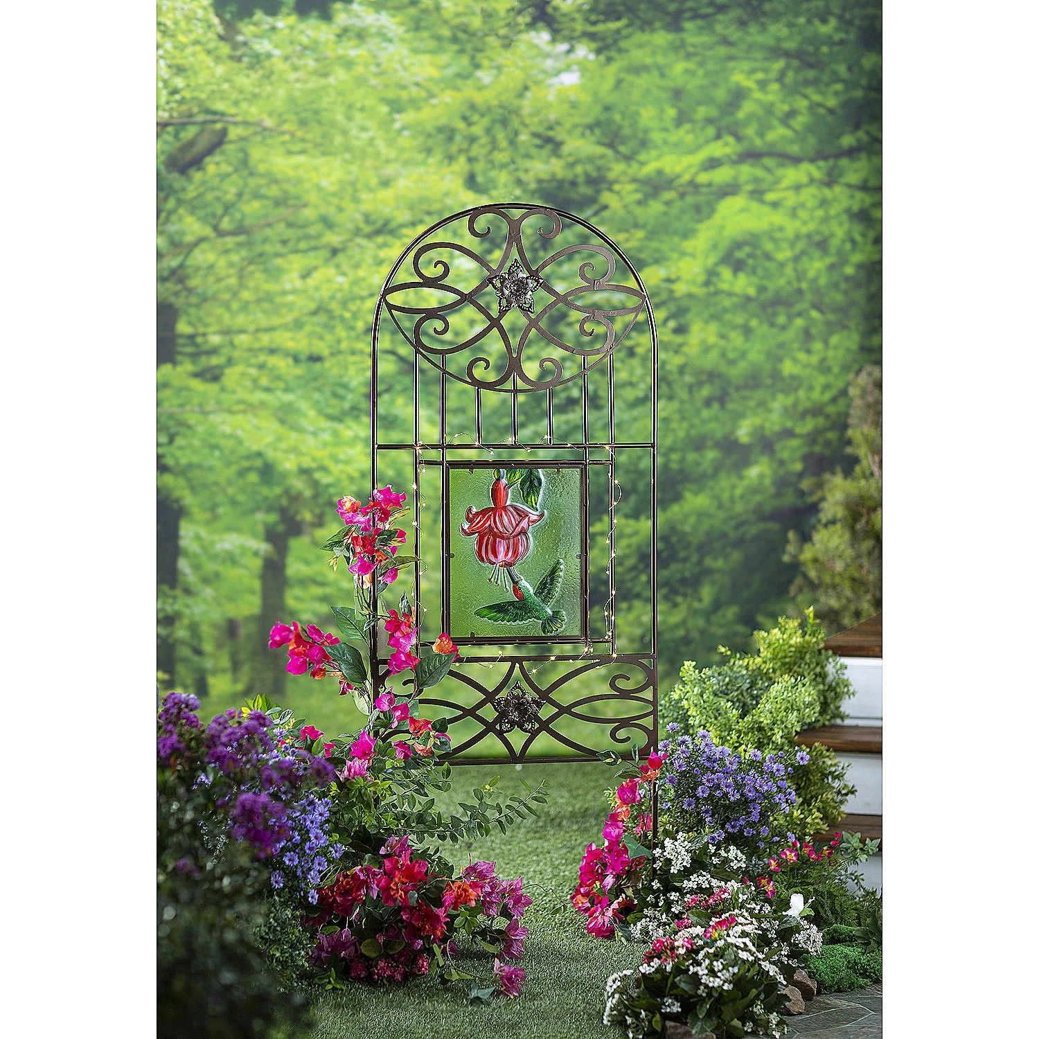 Four Seasons Metal Trellis with Four Painted Glass Inserts and Solar-Powered String Lights