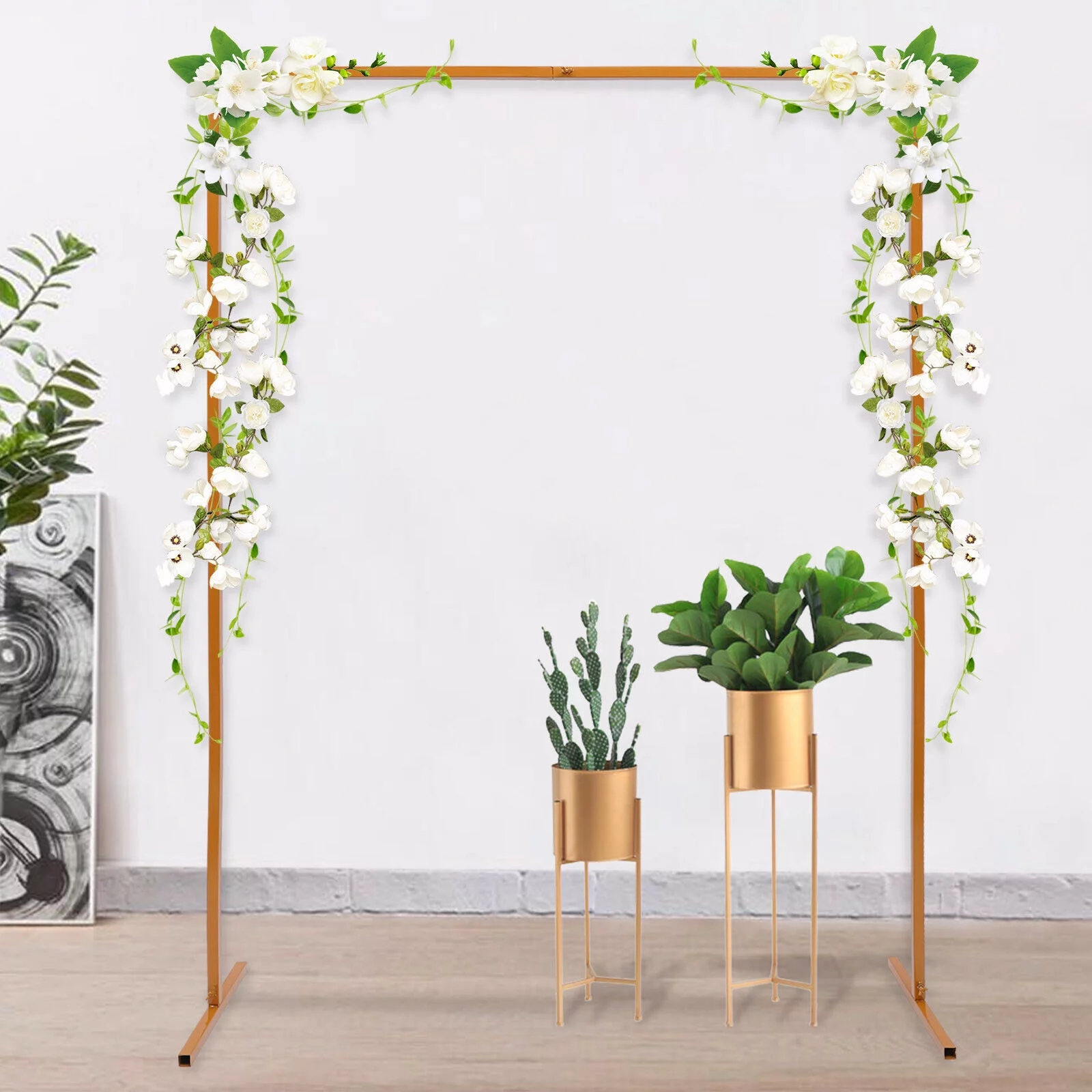 2 * 1.5M/6.56 * 4.9Ft Wedding Arch Stand Square Backdrop Stand Balloon Frame Metal Garden Props Decoration Gold Wedding Arches for Ceremony Party Garden Decor (Without Tie Rod)