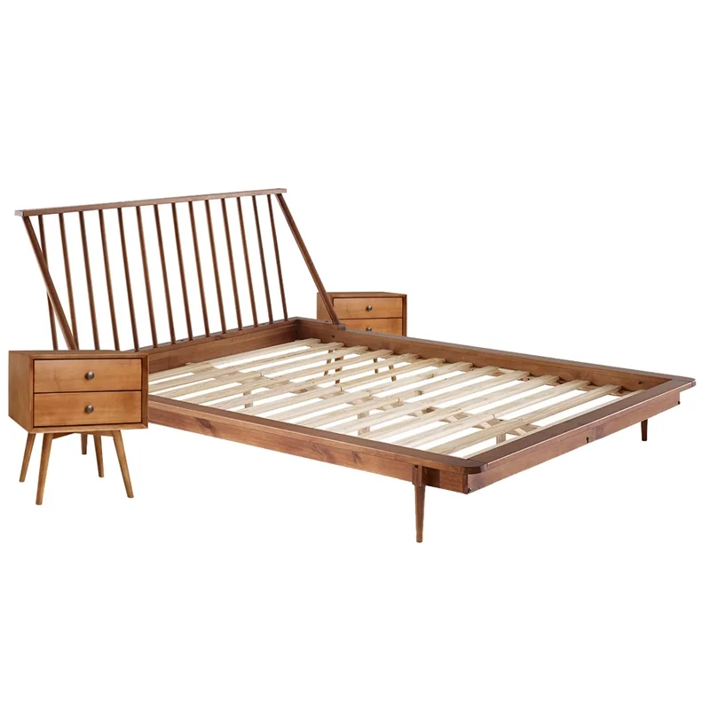 3-Piece Solid Wood Bedroom Set Spindle Bed + Two 2-drawer nightstands - Caramel