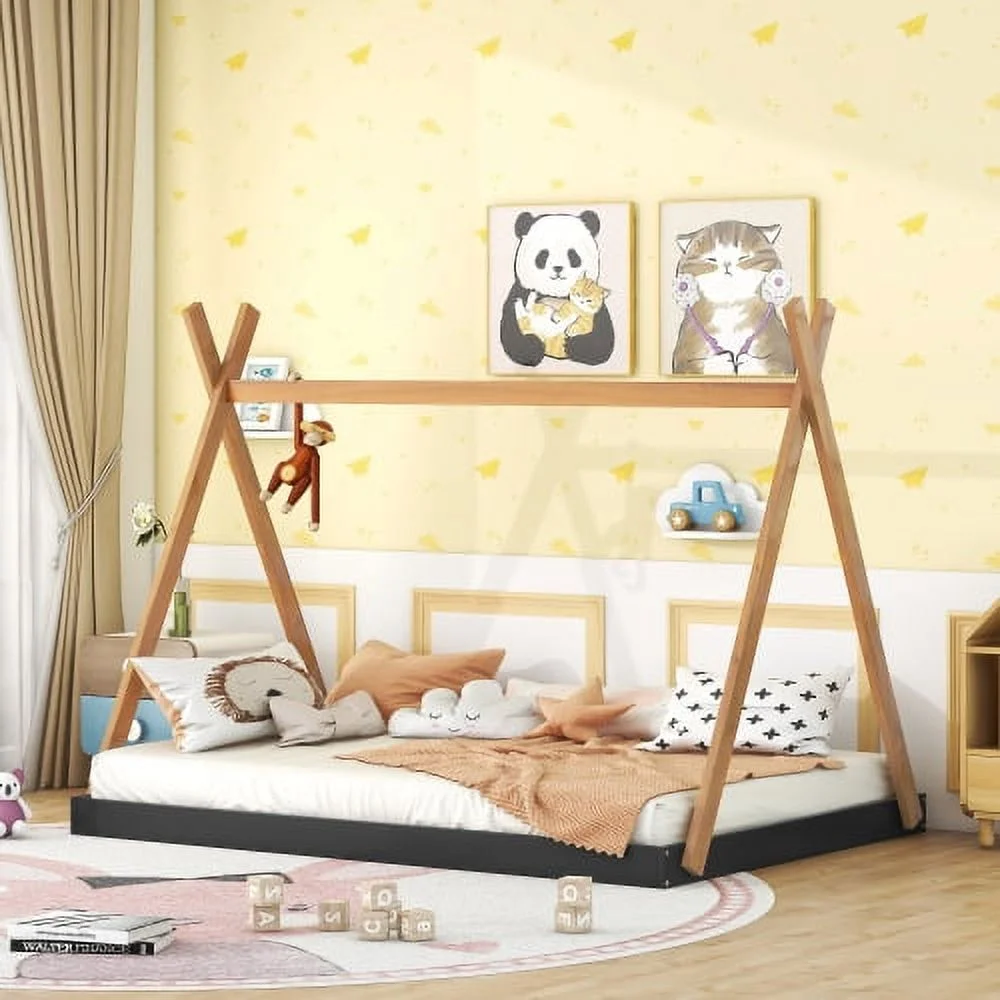 JHOOTUUO Full Size Tent Floor Bed with Triangle Structure  Black+Brown